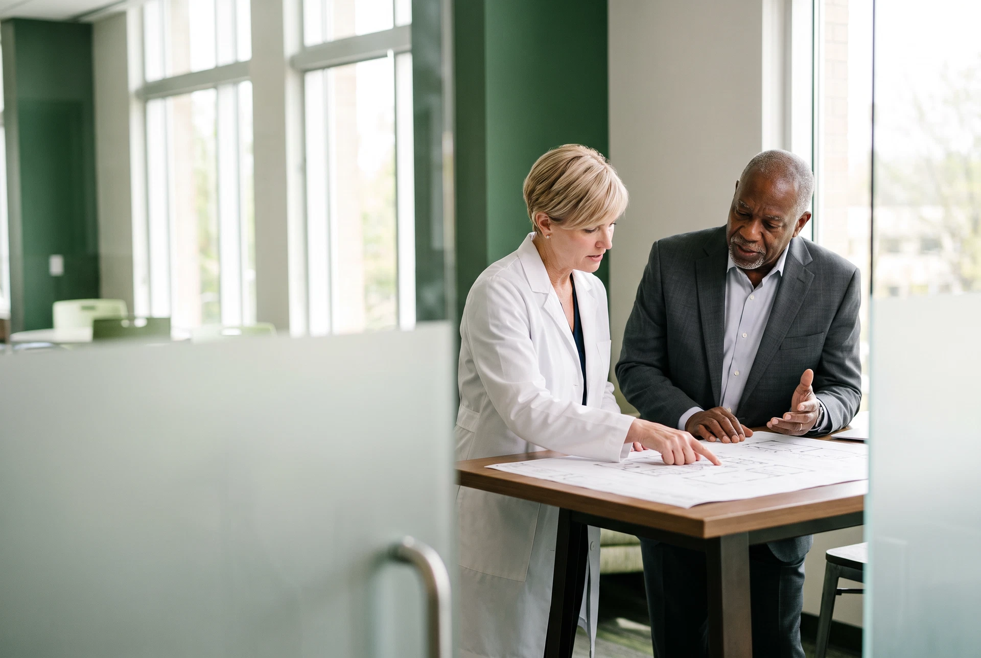 Healthcare clinicians discussing care strategy in a hospital corridor